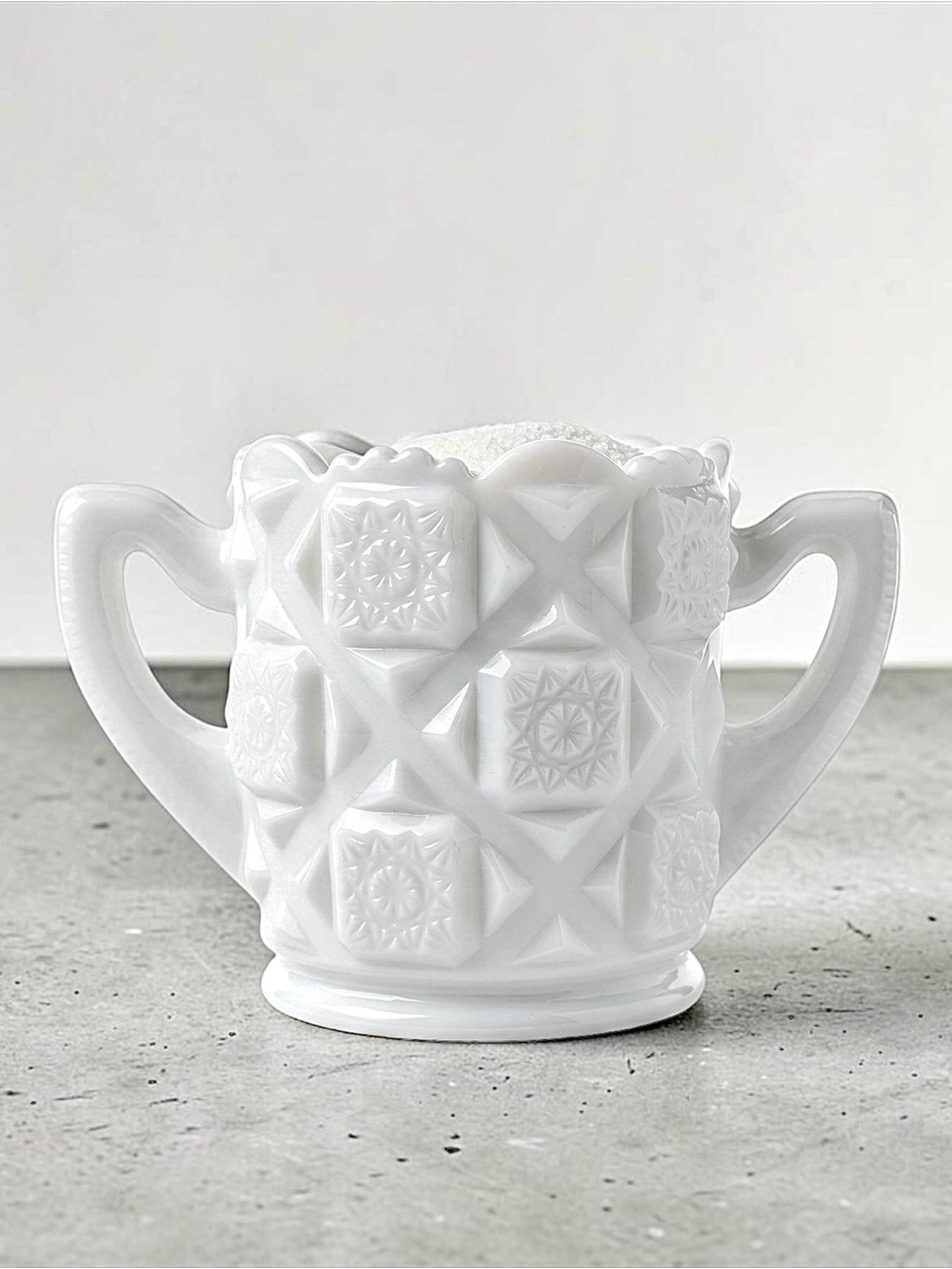 Vintage Westmoreland White Milk Glass Open Sugar Bowl “Old Quilt” Pattern